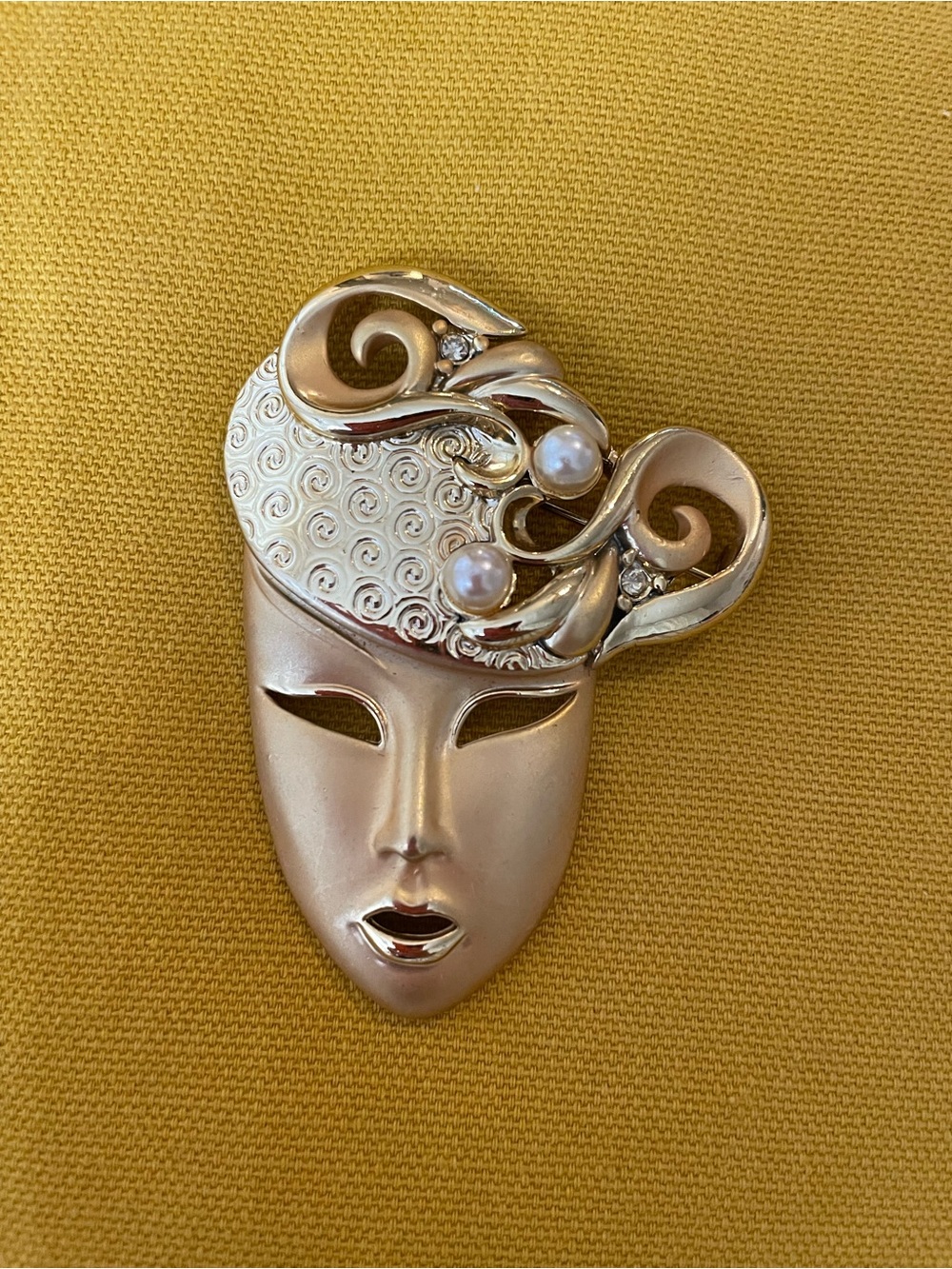 Gold-Tone Masquerade Mask Brooch with Pearl Accents